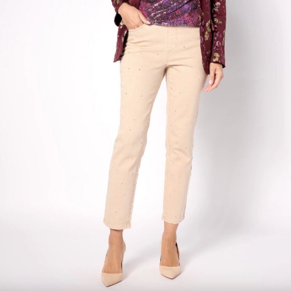 Isaac Mizrahi Petite Color True Denim Rhinestone Jean , Dune Sz 24WP a621255